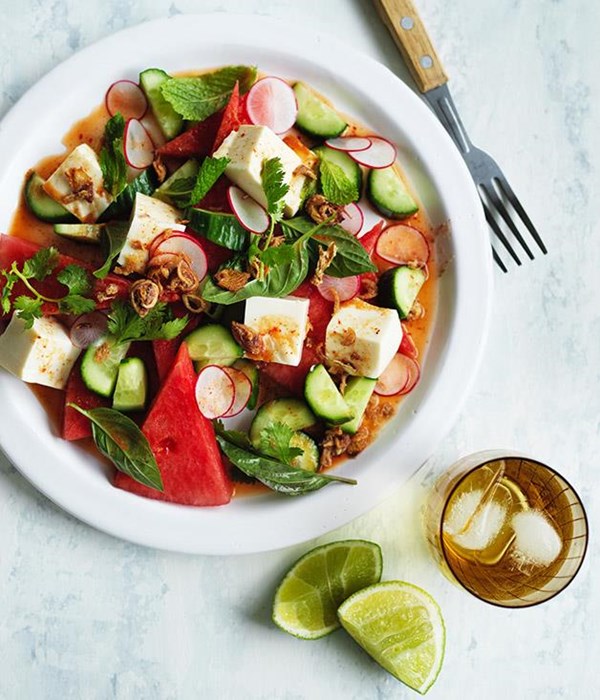Tofu, watermelon and radish salad with nahm jim