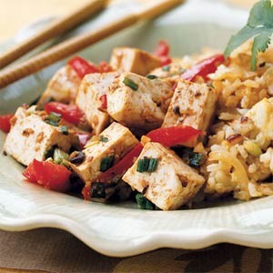 Tofu with red peppers and black bean pesto