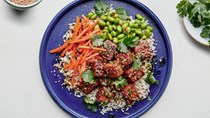 Tofu with rice and miso-maple dressing