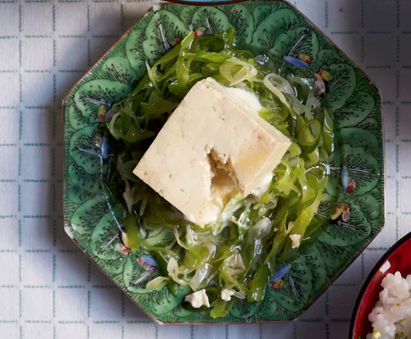 Tofu with spring onion salad and creme fraiche