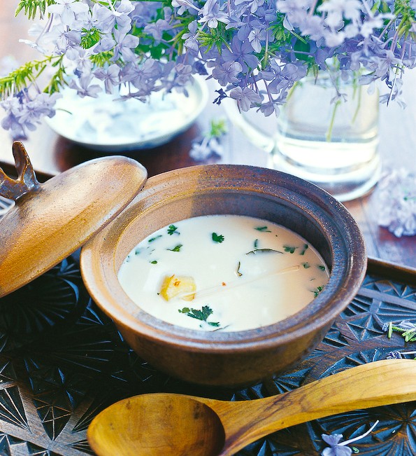 Tom ka gai (Thai chicken soup with coconut milk, lime, and cilantro)