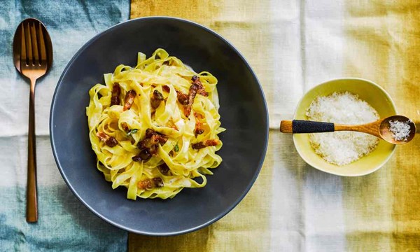 Tom Oldroyd’s bacon and egg fettuccine, roast garlic and Berkswell cheese