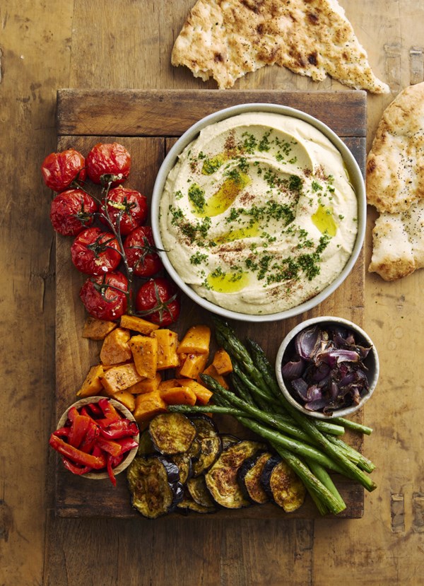Tom Sainsbury's hummus from scratch with roasted veges
