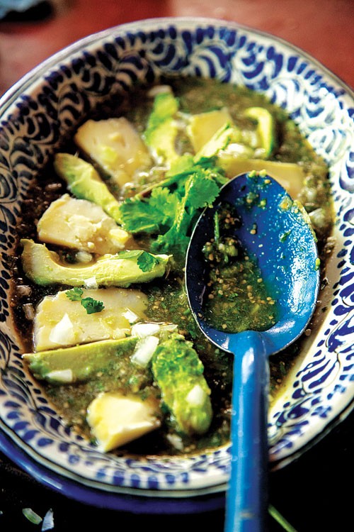 Tomatillo salsa with avocado and queso fresco (Salsa de Albañil)
