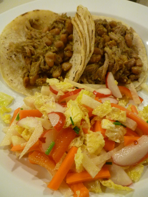 Tomatillo white beans and shredded pork tacos