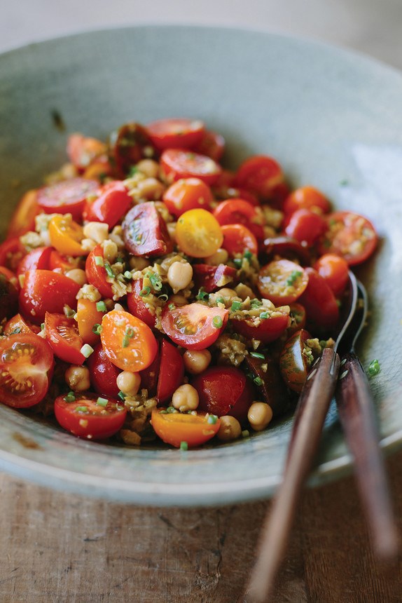 Tomato & chickpea salad with green olive dressing