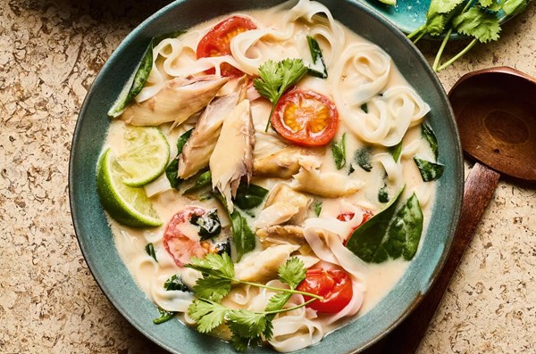 Tomato & coconut brothy noodles with smoked mackerel