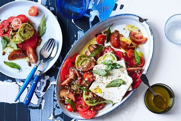 Tomato & feta salad with soy-roasted pumpkin seeds
