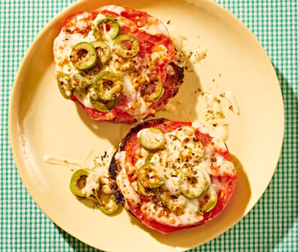 Tomato & olive English muffin pizza