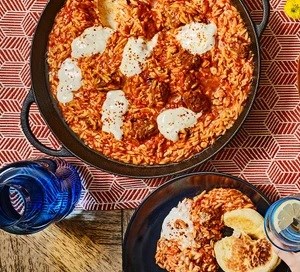 Tomato & oregano orzo with beef koftas