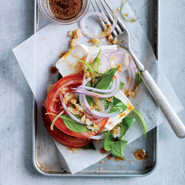 Tomato & tofu Caprese salad with Asian vinaigrette [Roy Choi]