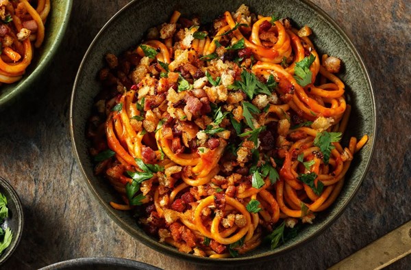 Tomato & vodka bucatini with crispy pancetta pangritata