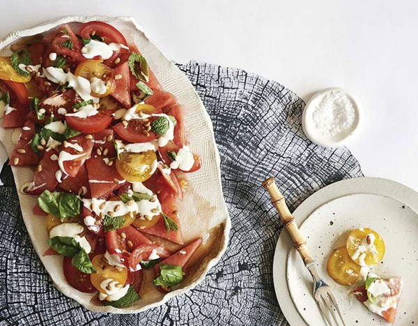 Tomato & watermelon salad with smoked yoghurt
