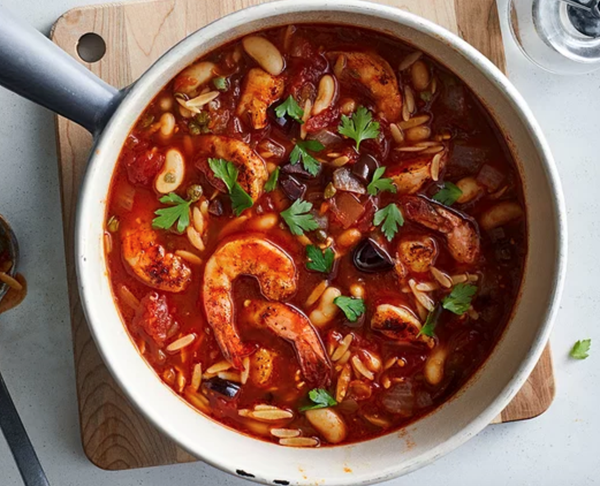 Tomato & white bean soup with shrimp