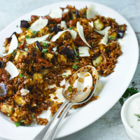 Tomato and aubergine red rice salad