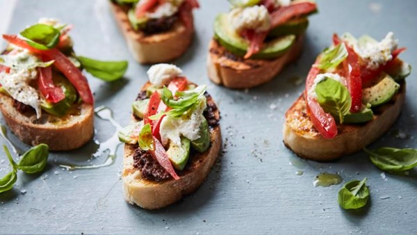 Tomato and avocado bruschetta with olive tapenade