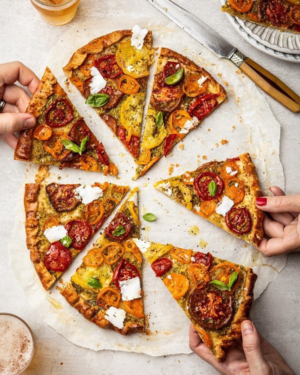 Tomato and basil galette with feta and poppy seed pastry