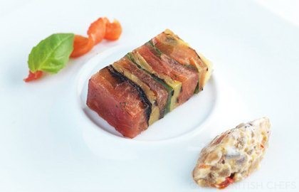 Tomato and basil press with aubergine relish and mascarpone