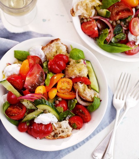 Tomato and bread salad with capers, quick-pickled onions and mozzarella