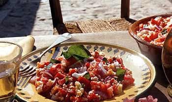 Tomato and bread salad with red onion (Panzanella)
