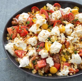 Tomato and burrata salad with pangrattato and basil
