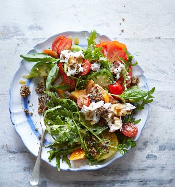 Tomato and burrata salad with olive crumb