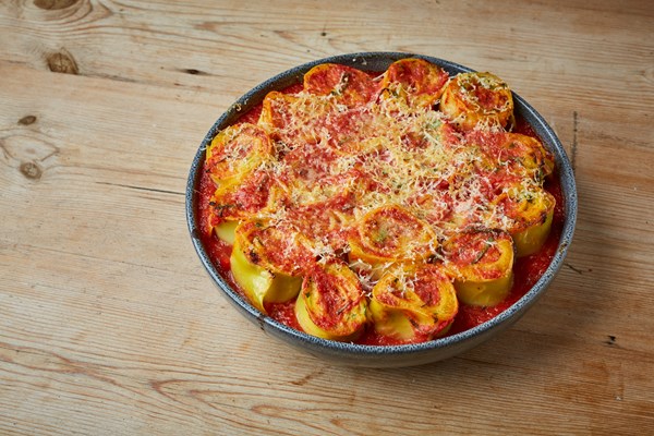 Tomato and butternut squash rotolo