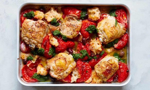 Tomato and chicken traybake with basil oil