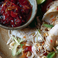 Tomato and chilli jam with squid salad