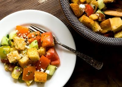 Tomato and cucumber salad with cornbread croutons
