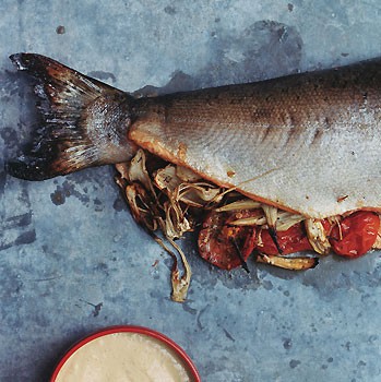 Tomato-and-fennel-stuffed salmon with basil sauce