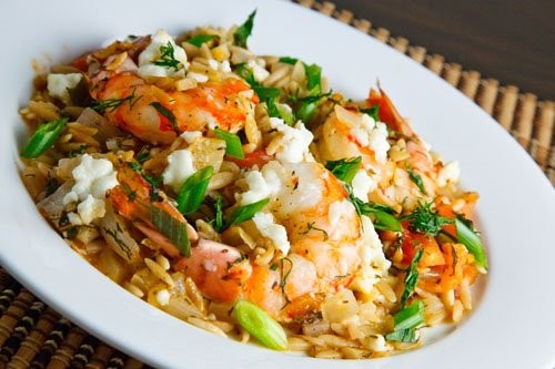 Tomato and feta baked shrimp pasta