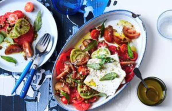 Tomato and feta salad with soy-roasted pumpkin seeds