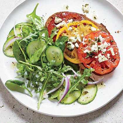 Tomato and feta toasts with mixed greens salad