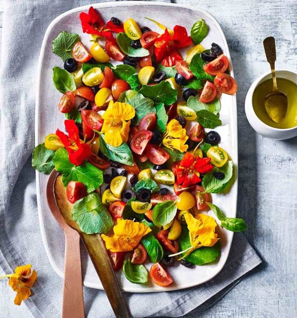 Tomato and nasturtium salad, with elderflower dressing