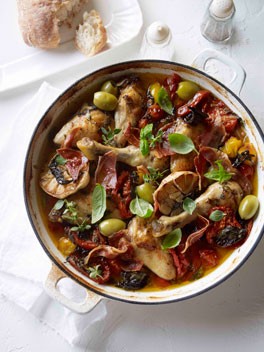 Tomato and pancetta roast chicken with green olives
