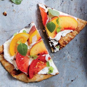 Tomato and peach flatbreads with basil