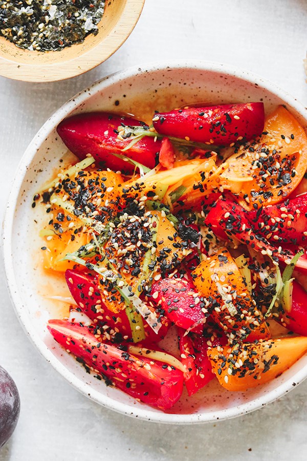 Tomato and plum salad with nori and sesame