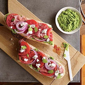 Tomato and prosciutto sandwiches with pea pesto