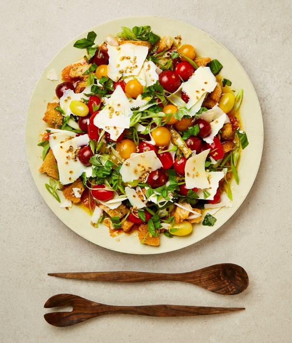 Tomato and ricotta salad with coriander seed oil