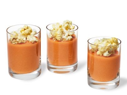 Tomato and truffle popcorn soup shooters