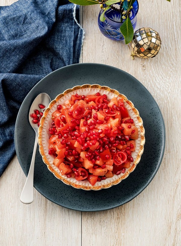 Tomato and watermelon salad with fig balsamic dressing