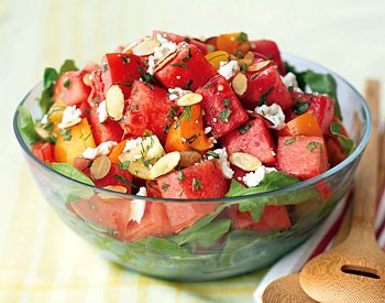 Tomato and watermelon salad with feta and toasted almonds