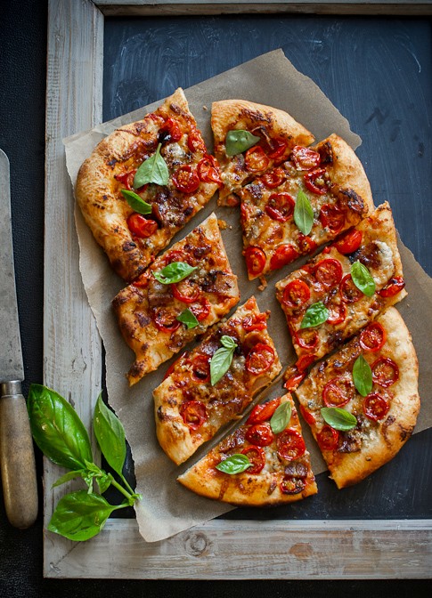 Tomato, bacon, & blue cheese pizza