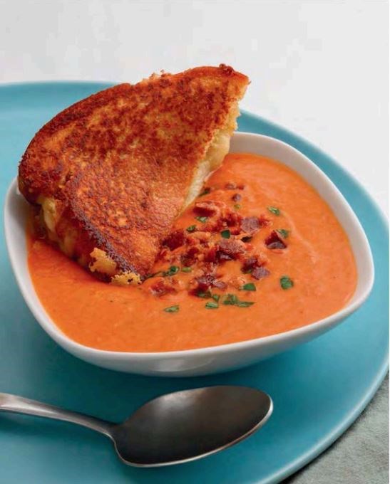 Tomato-bacon bisque with a grilled cheese sandwich