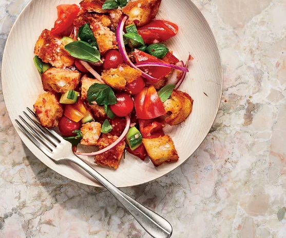 Tomato, basil, and cucumber panzanella with grated tomato balsamic vinaigrette