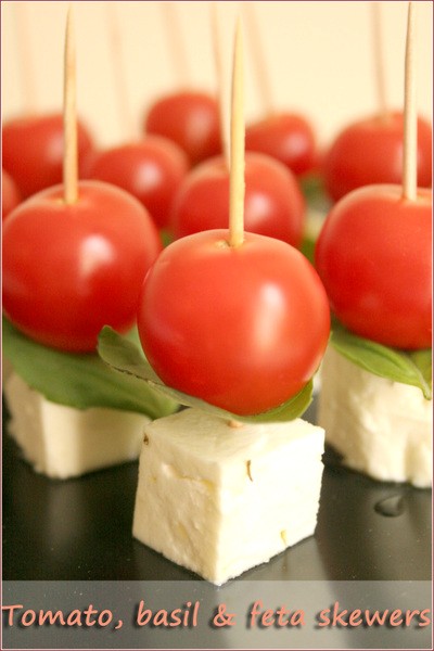 Tomato, basil and marinated feta skewers