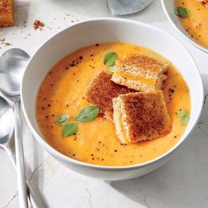 Tomato-basil soup with grilled cheese croutons