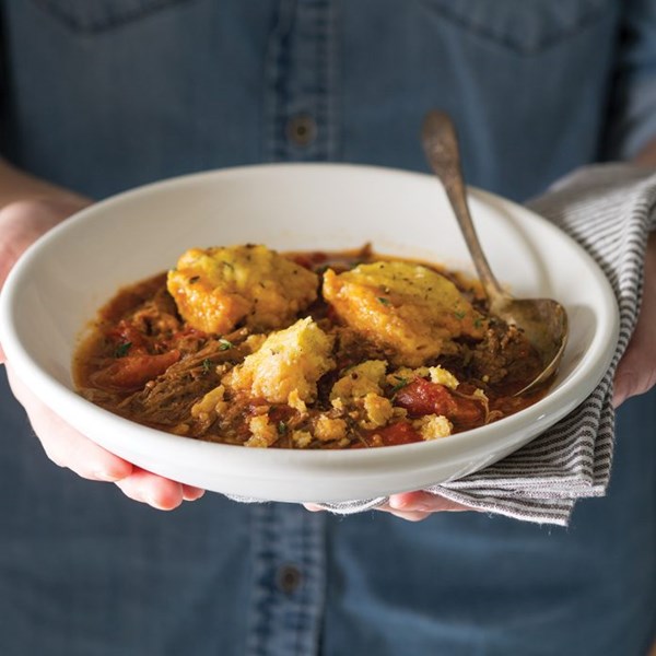 Tomato-beef roast with cornmeal-thyme dumplings