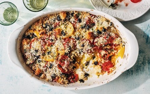 Tomato, black olive and goat’s cheese gratin